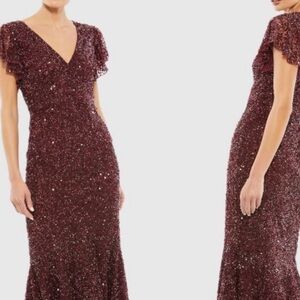 NWOT Mac Duggal Burgundy Sequin V-Neck Flutter Sleeve Midi Dress. Size 12.